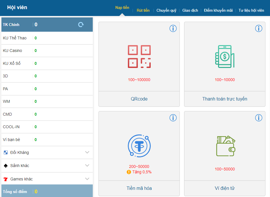 FR8896 sở hữu 4 hình thức nạp tiền nhanh chóng